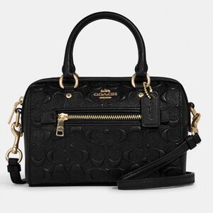 🪞 NEW Coach embossed logo signature leather top handle satchel handbag in black